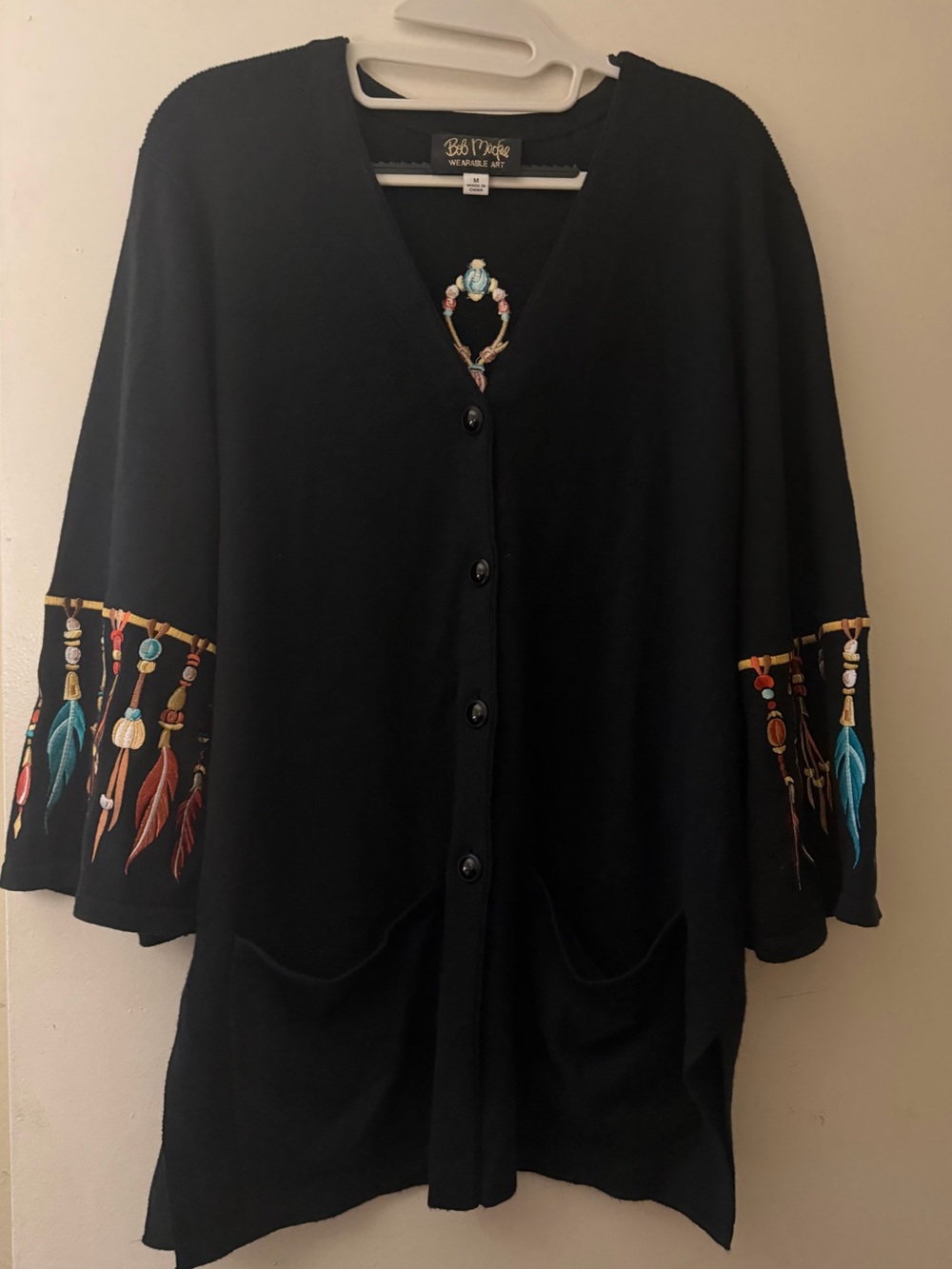 Bob Mackie Wearable Art Black Embellished Feather Cardigan Jacket Size M